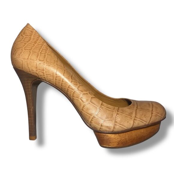 Tory Burch Women Tan Brown Croc Embossed Leather Platform Pumps Heels Size 8 M - Picture 1 of 16